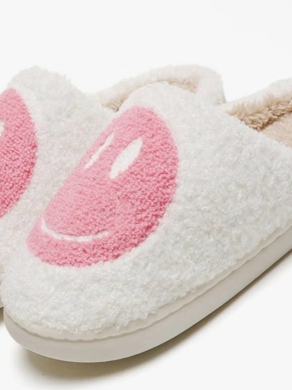 Amazon White Fuzzy Slip-On Slippers with Pink Smiley